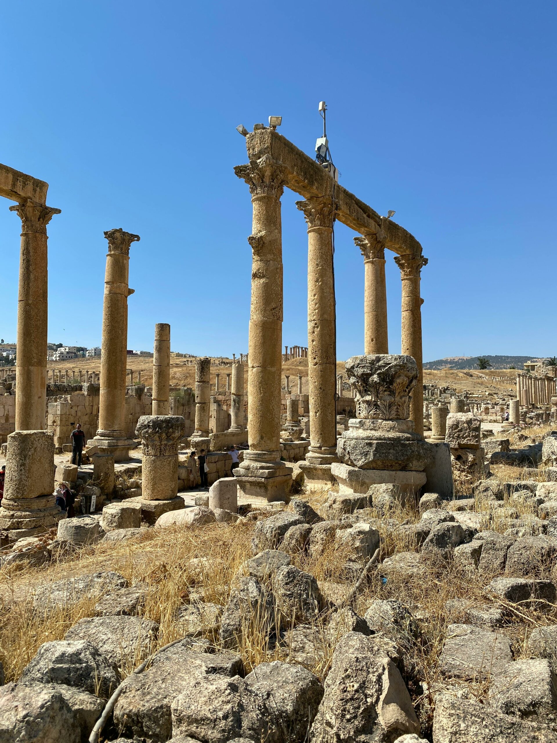 Explore the historic Roman columns in Jerash, showcasing ancient architecture under a clear blue sky.
