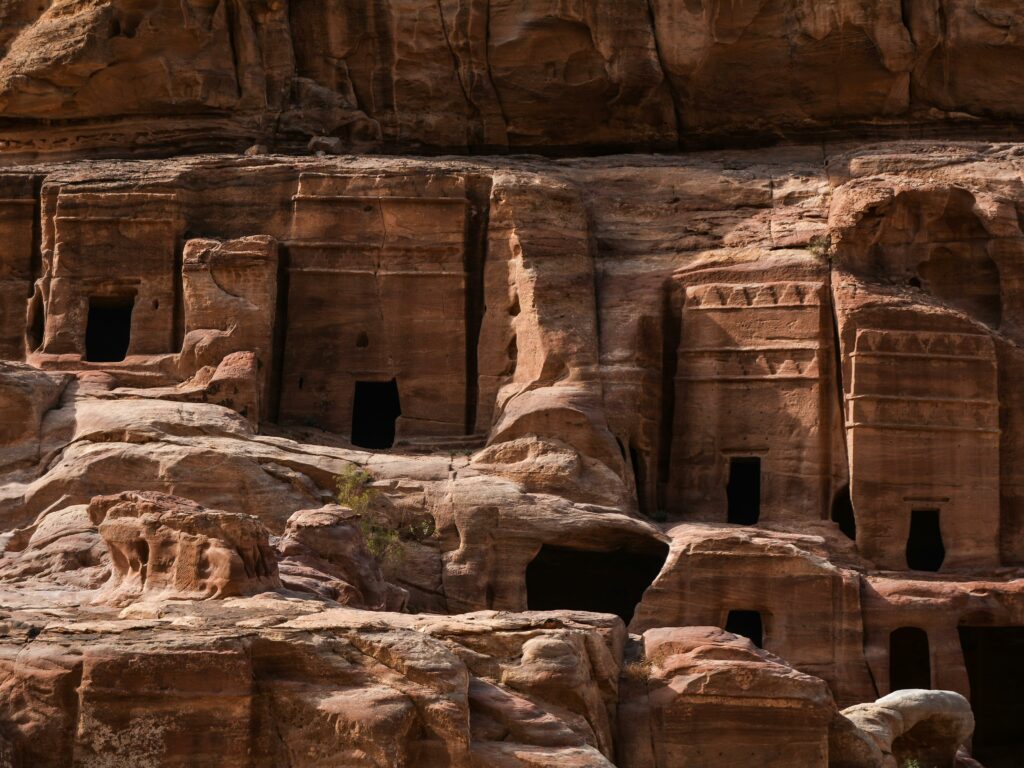Stunning ancient rock-carved structures in Petra, Wadi Musa, Jordan.